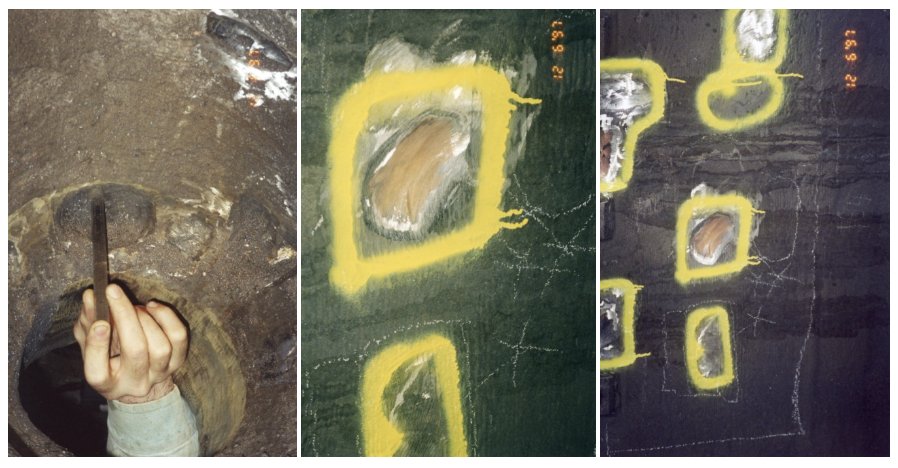 Crack indications on a digester wall ringed in yellow paint and ground back to bright metal.